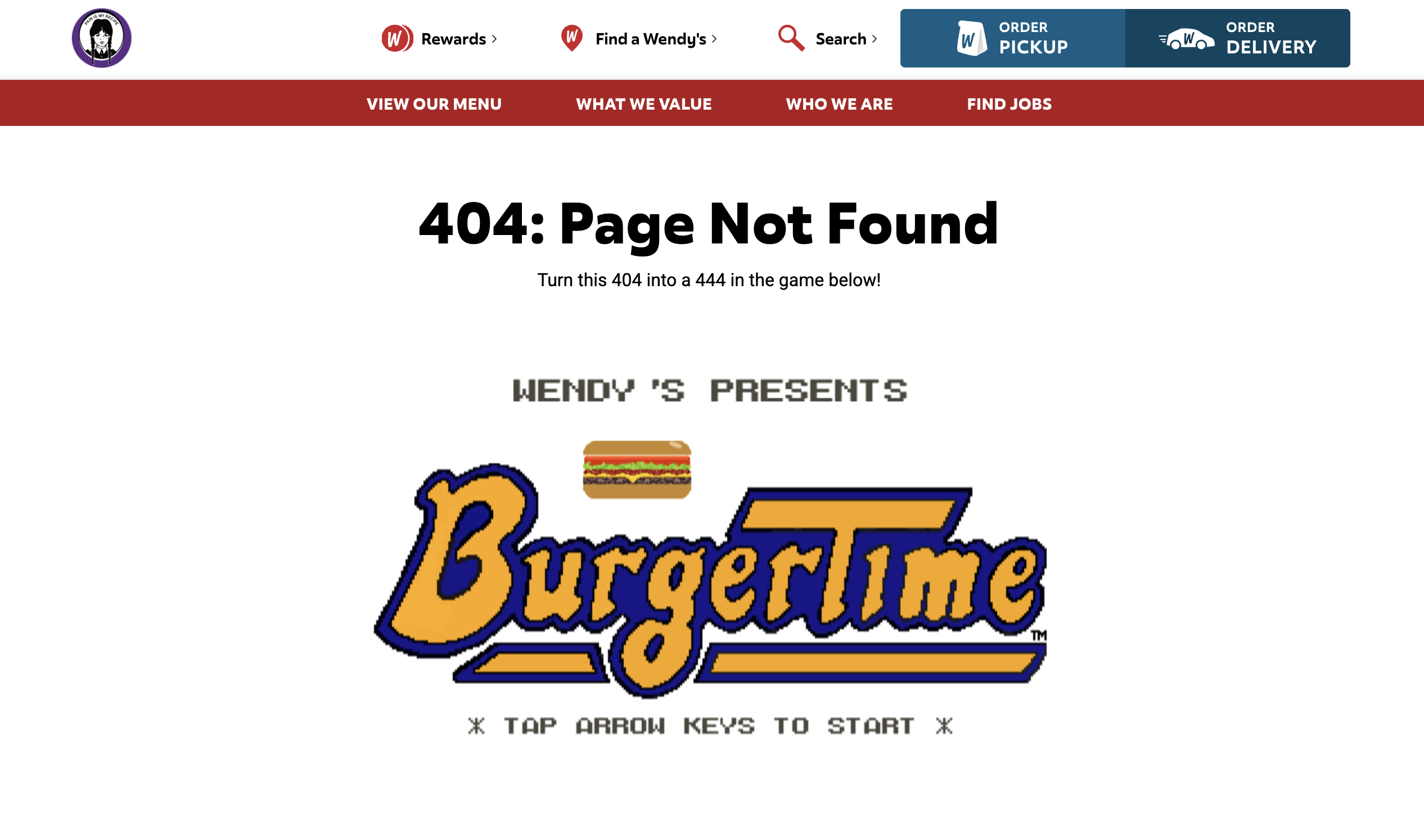 Wendys 404 page